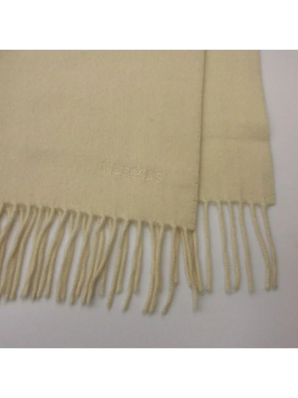 Hermes Cashmere Wool Blanket Plaid Large Throw Embroidery 200 140 Ivory